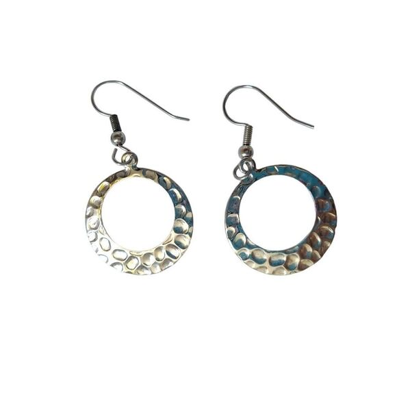 Vintage Hammered Circle Dangle Drop Earrings Silver Tone Hooks - Picture 1 of 1